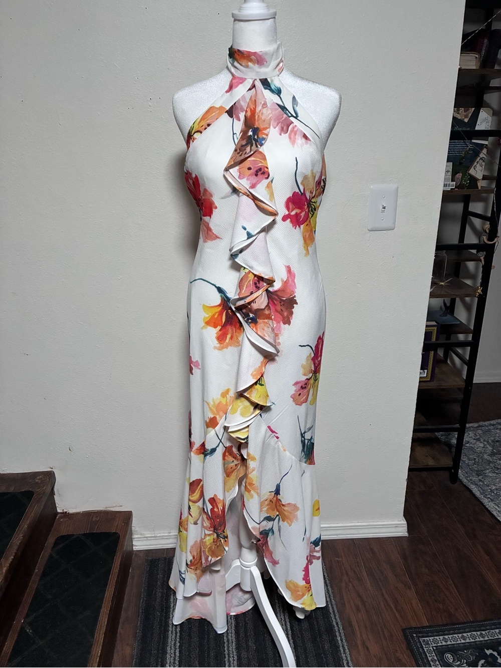 Premier White Halter Floral Ruffle Maxi Dress